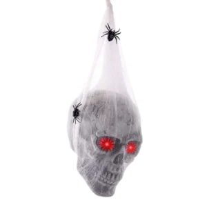 Calavera Colgante con Ojos Iluminados + Telaraña y Arañas – Decoración de Halloween Realista