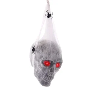Calavera Colgante con Ojos Iluminados + Telaraña y Arañas – Decoración de Halloween Realista